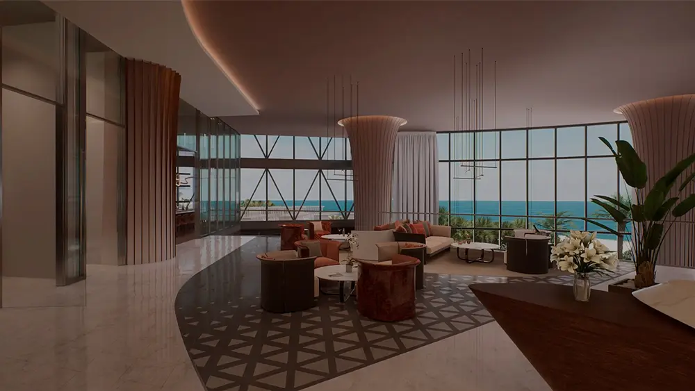 Living room of a Bentley Residences unit with ocean views