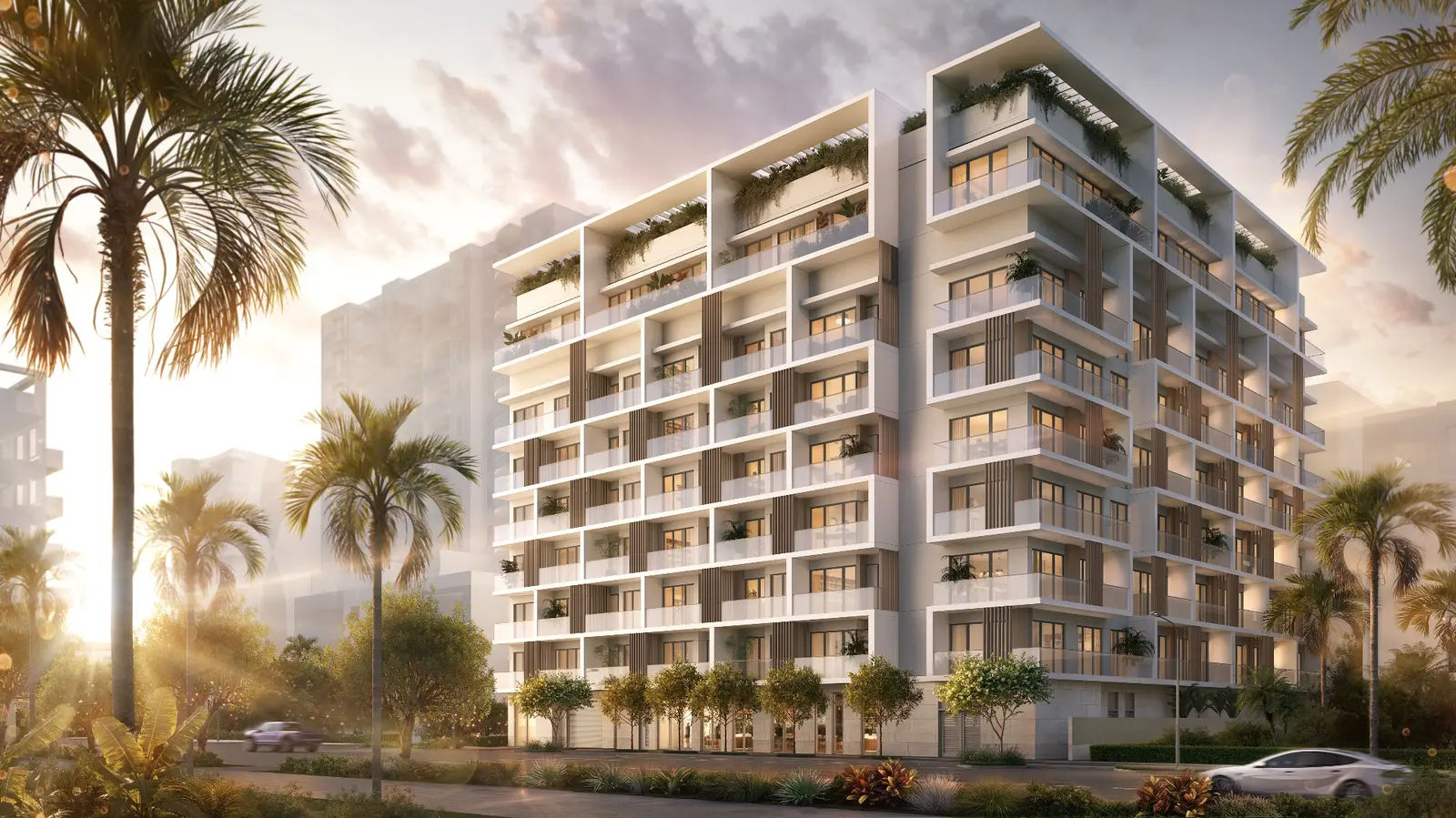 Facade of Parkside Residences at Brickell at sunset